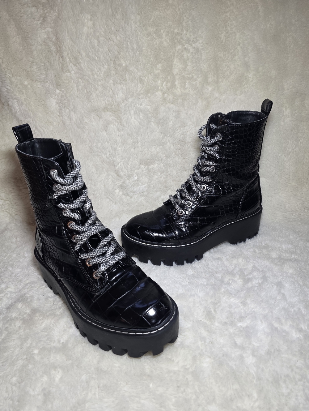 Zara TRF Croc Embossed Platform Combat Boots Black Chunky Lug Sole EU 36 US 6